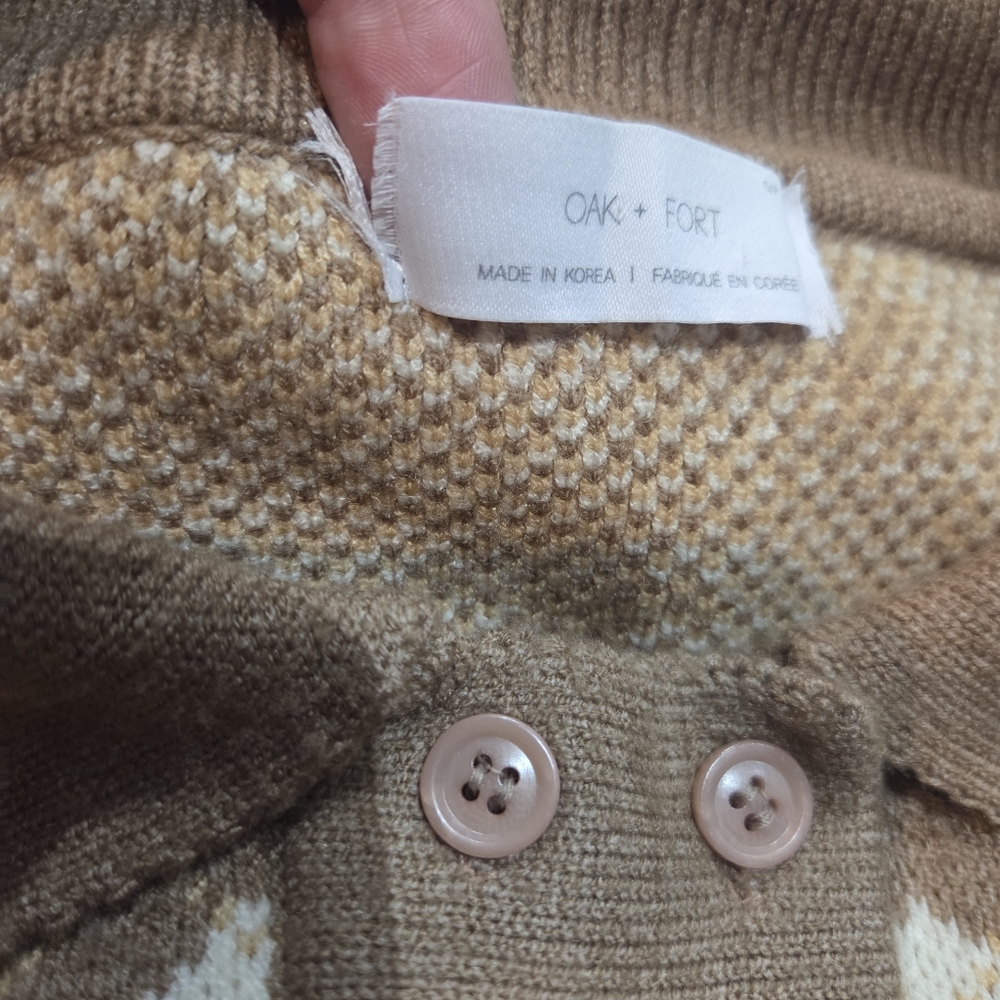 Oak & Fort Button Up Collar Knit Sweater In Brown/White SZ S - Picture 16 of 16
